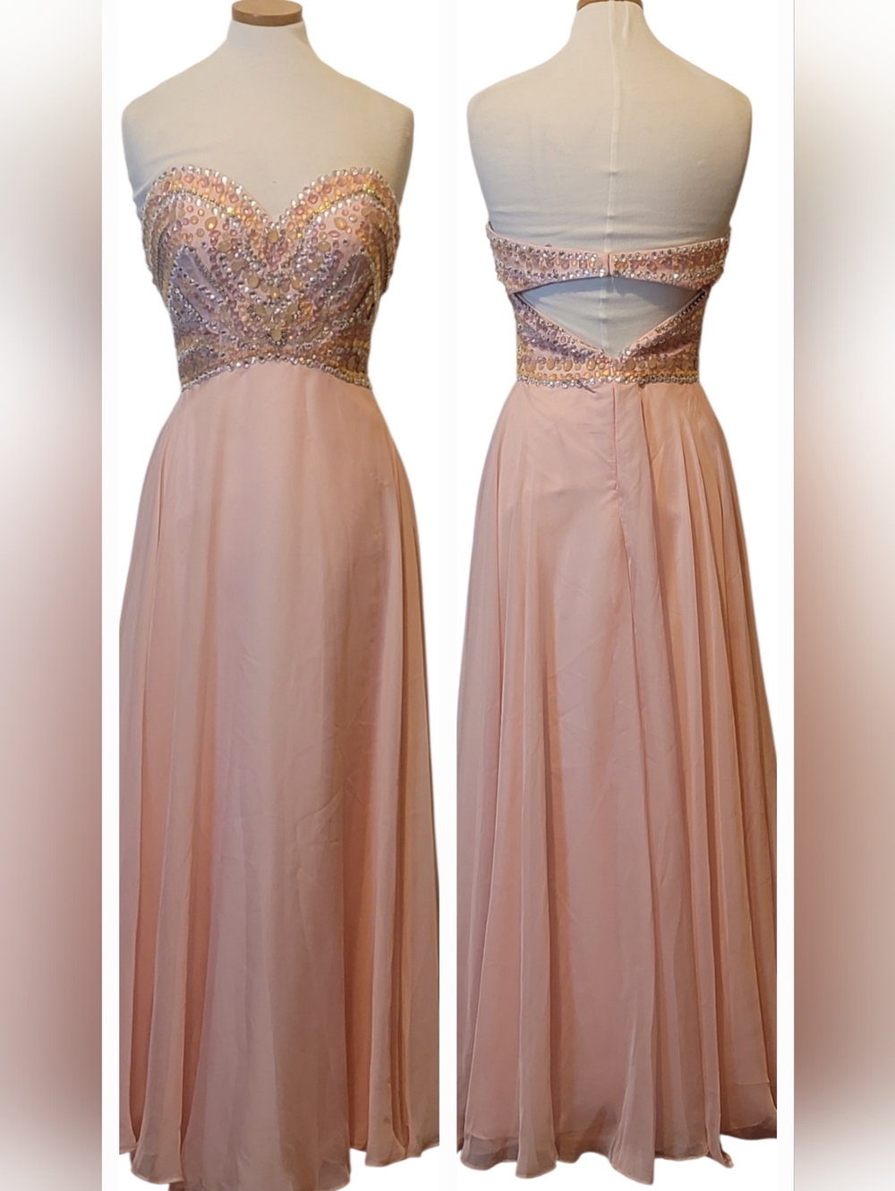 Blush Sweetheart Sheer Strapless Embellished Rhinestone Open Back Formal Dress
